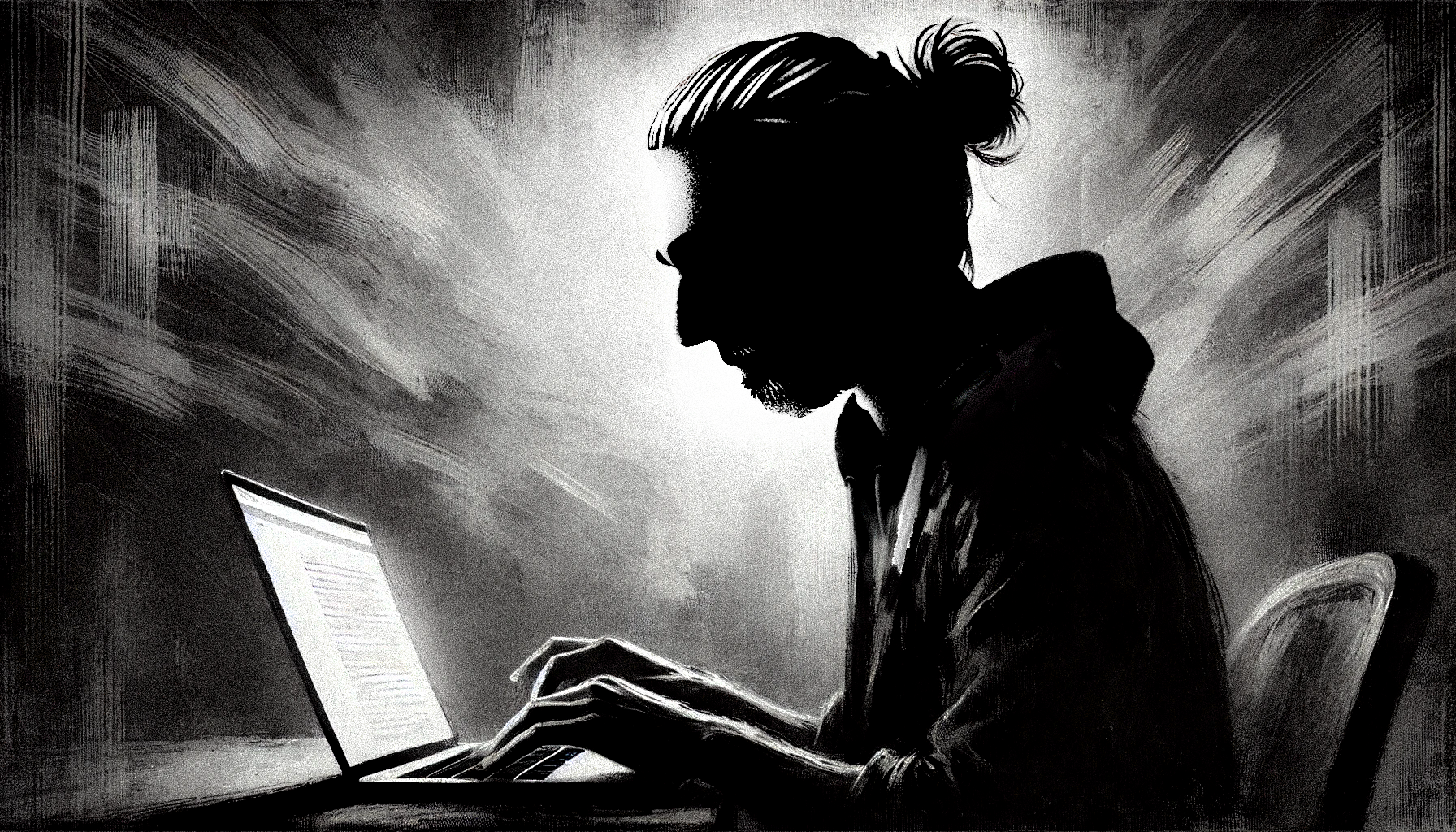 A painted illustration of an entrepreneur on a laptop, dark black and white colors with light focus on laptop.